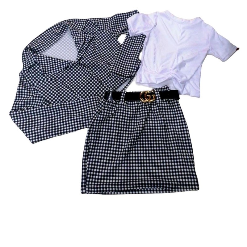 Conjunto tela saco falda cuadros cinto y blusa